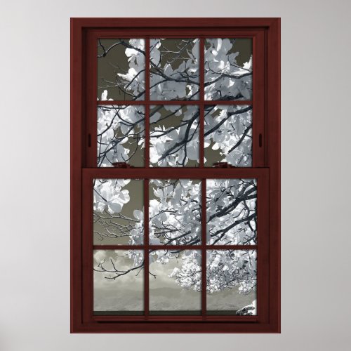 Fake Window Illusion Ominous White Flower Blossoms Poster