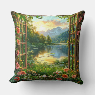 Fake window landscape throw pillow