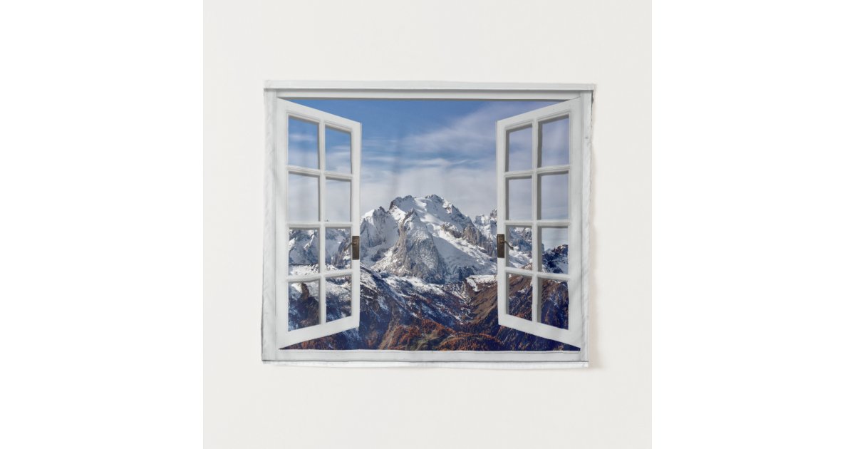 Fake Window Mountain Scene Wall Hanging Tapestry Zazzle Com