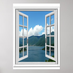 Fake Window Mountains And Lake Poster