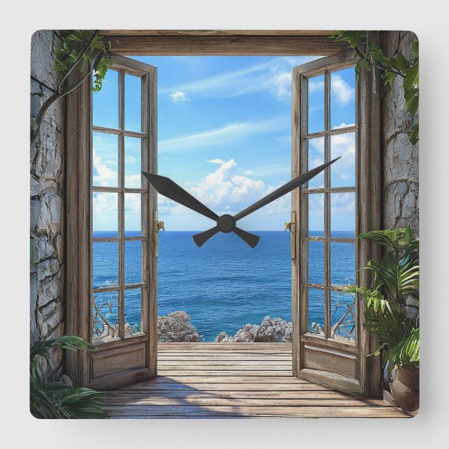 Fake window Ocean View Scenic Timepiece 🌊🪟🕰️ Square Wall Clock (Front)