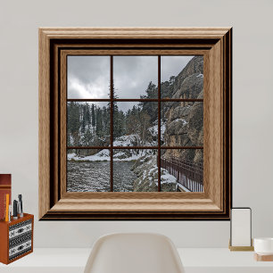 Fake Window Poster Winter Snow Scene Lake Trees 