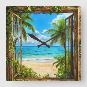 Fake Window Summer Beach Home Décor 🌴🌊🕰️ Square Wall Clock
