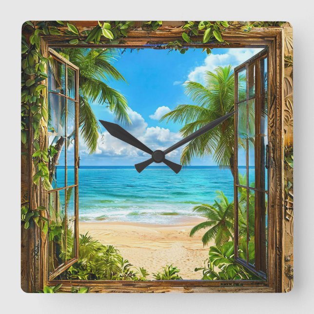 Fake Window Summer Beach Home Décor 🌴🌊🕰️ Square Wall Clock (Front)