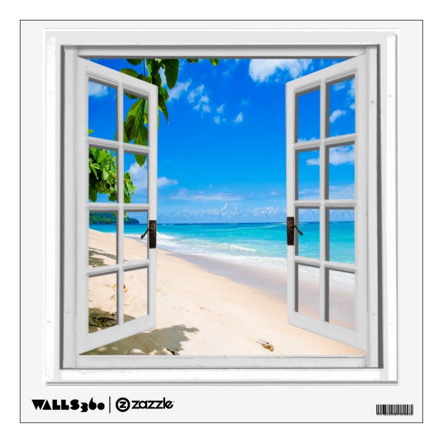 Fake Window Tropical Beach Ocean View  Wall Sticker (Front)