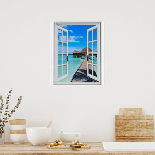 Fake Window View Beach Huts In Ocean Poster