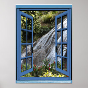 Fake Window View Flowing Waterfall  Poster