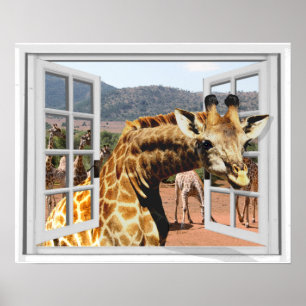 Fake Window View Giraffe Safari Poster