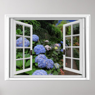 Fake Window View Hydrangea Garden Poster