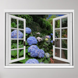 Fake Window View Hydrangea Garden Poster