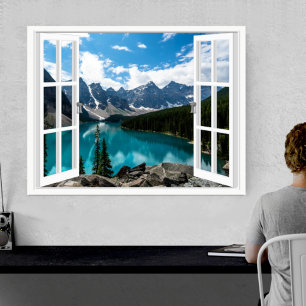 Fake Window View Mountains and Lake Landscape Poster