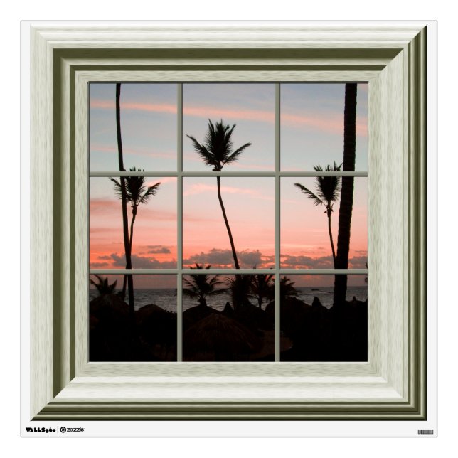 Fake Window View Palm Trees Sunset Beach Wall Decal (Front)