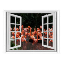 Fake Window View Pink Flamingos 