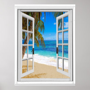 Fake Window View Tranquil Beach Ocean Poster