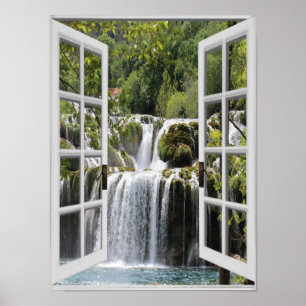 Fake Window View Waterfall Garden Poster