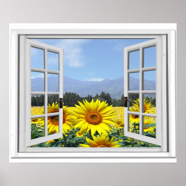 Fake Window View Yellow Sunflower Field Poster (Front)