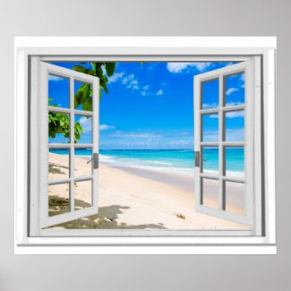 Fake Window With Tropical Beach Ocean View Poster