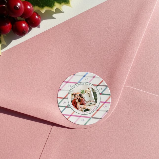 Falala Pastel Checkered Pattern Christmas Photo Classic Round Sticker (Creator Uploaded)