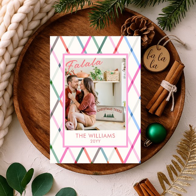 Falala Pastel Checkered Pattern Christmas Photo Holiday Card (Creator Uploaded)