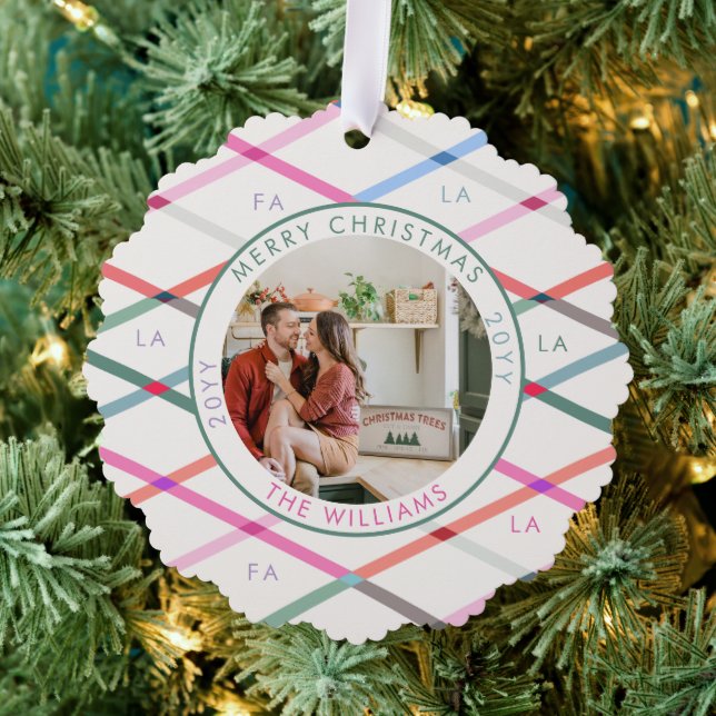 Falala Pastel Checkered Pattern Christmas Photo Ornament Card (Insitu (Tree))