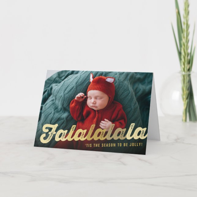 Falalalala Gold Ombre Script Fun Christmas Photo Holiday Card (Front)