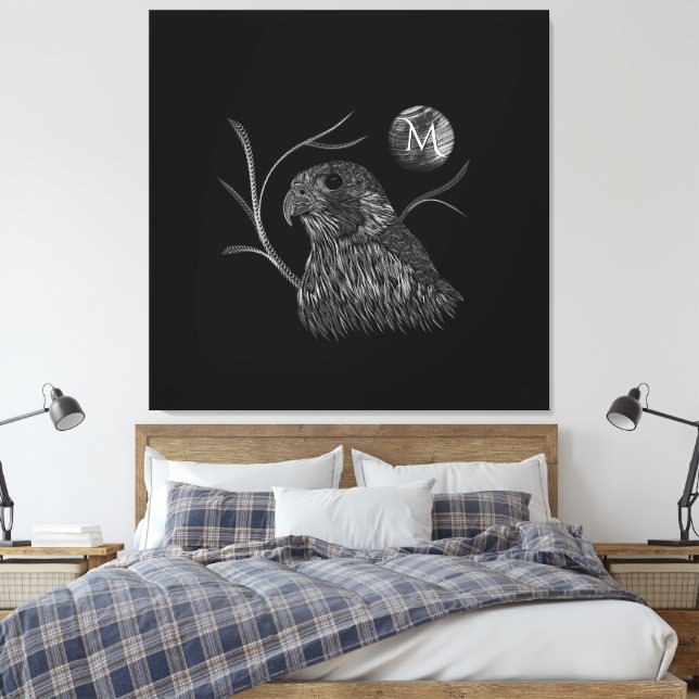 Falcon Full Moon Monogram Black Canvas Print (Insitu(Bedroom))