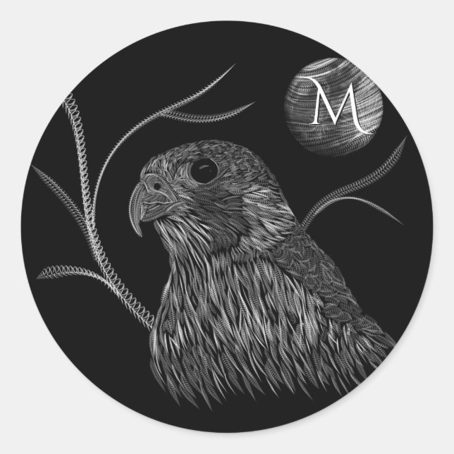 Falcon Full Moon Monogram Black Classic Round Sticker (Front)