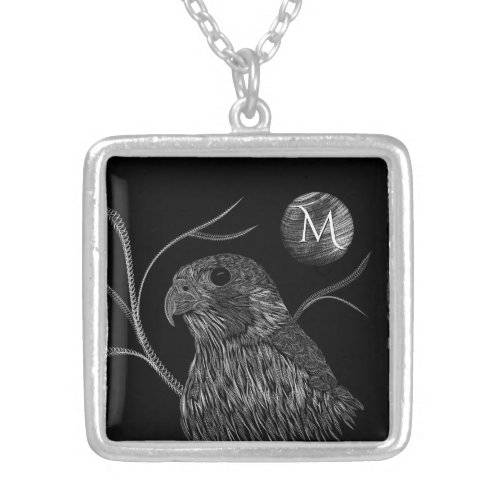 Falcon Full Moon Monogram Black Silver Plated Necklace