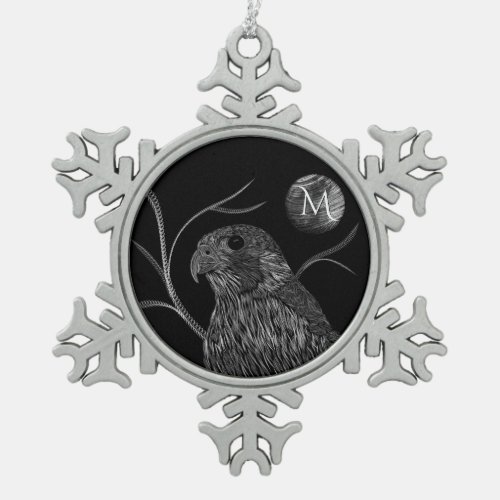 Falcon Full Moon Monogram Black Snowflake Pewter Christmas Ornament