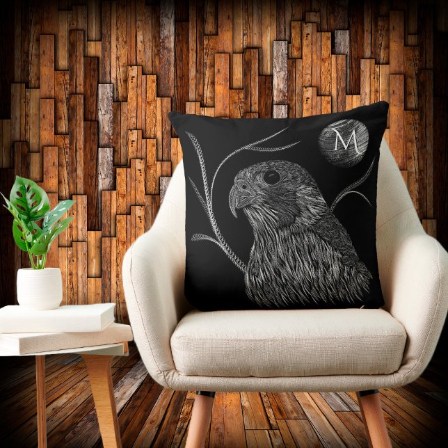 Falcon Full Moon Monogram Black Throw Pillow (Creator Uploaded)