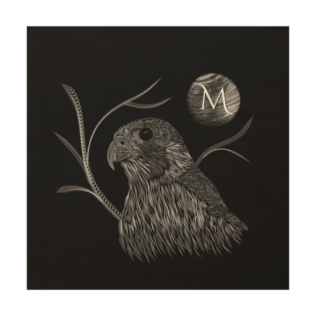 Falcon Full Moon Monogram Black Wood Wall Art (Front)