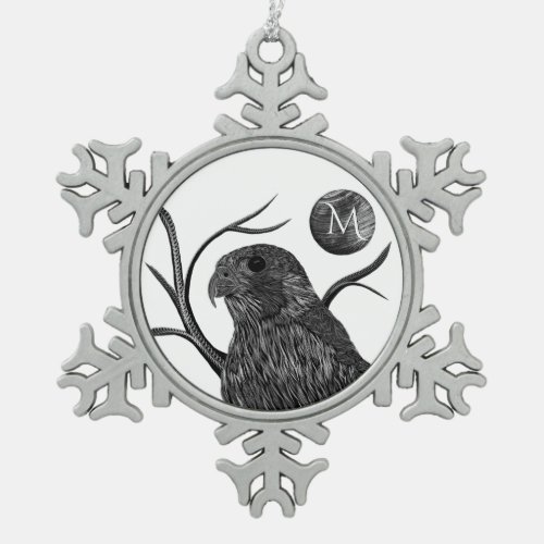 Falcon Full Moon Monogram Snowflake Pewter Christmas Ornament