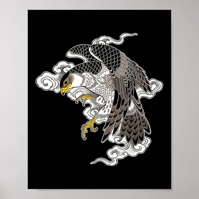 Falcon Hawk Flying X Japanese Clouds Tattoo Flash  Poster (Front)