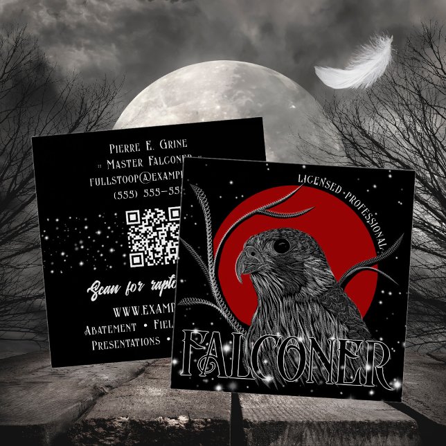 Falcon Hunter's Moon Black Red Falconry Services Square Business Card (Creator Uploaded)