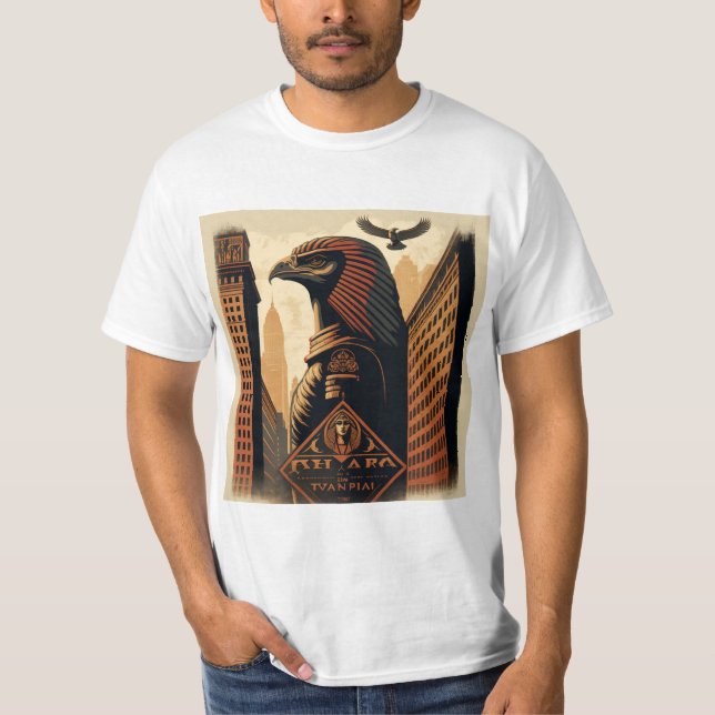 Falcon Ra Egyptian god in the city T-Shirt (Front)