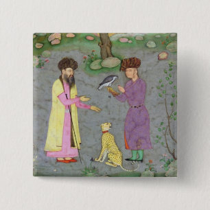 Falconer with companion and pet cheetah, from the button