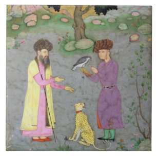 Falconer with companion and pet cheetah, from the ceramic tile