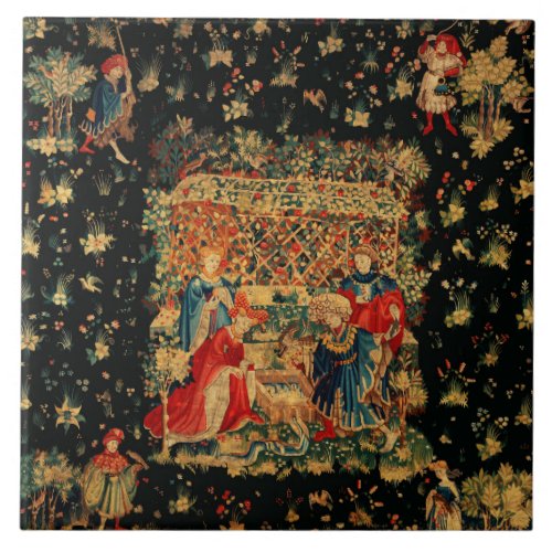 FALCONS BATH Red Blue Antique Medieval Tapestry Ceramic Tile