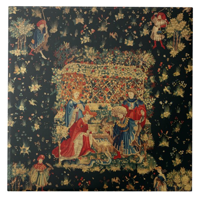 FALCONS BATH Red Blue Antique Medieval Tapestry Ceramic Tile (Front)