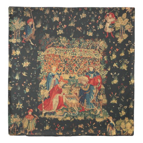 FALCONS BATH Red Blue Antique Medieval Tapestry    Duvet Cover