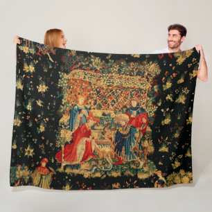 FALCONS BATH Red Blue Antique Medieval Tapestry Fleece Blanket
