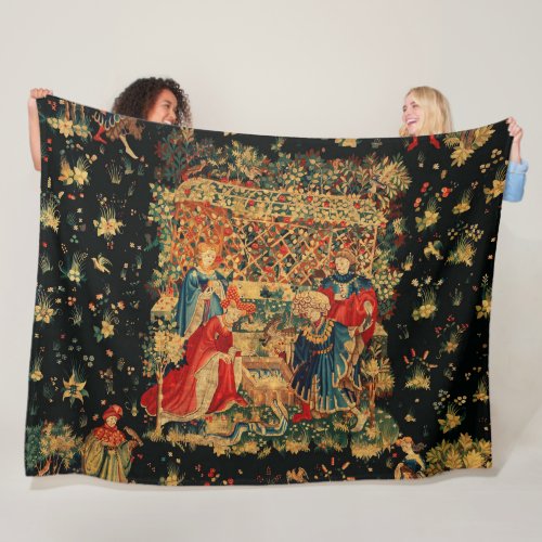FALCONS BATH Red Blue Antique Medieval Tapestry Fleece Blanket