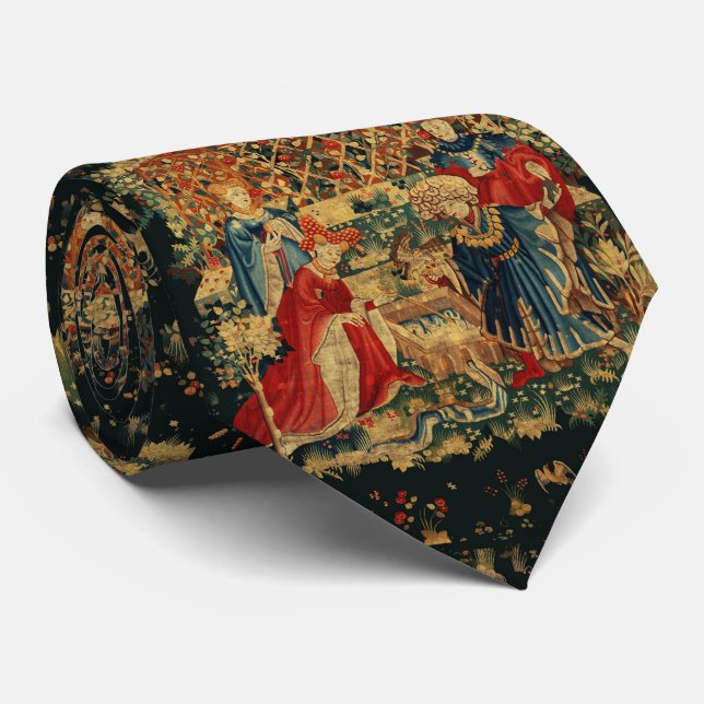 FALCONS BATH Red Blue Antique Medieval Tapestry Neck Tie (Rolled)