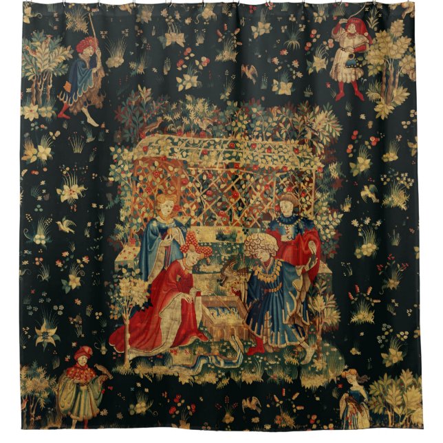 FALCONS BATH Red Blue Antique Medieval Tapestry  Shower Curtain (Front)