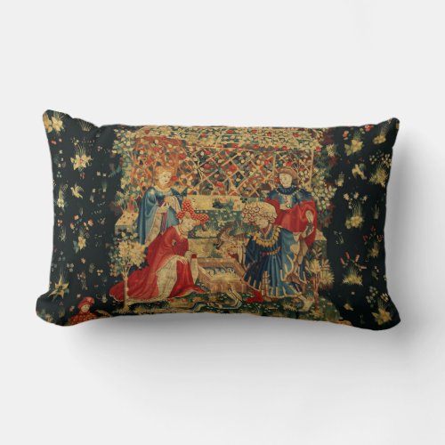 FALCONS BATH Red Blue Antique Medieval Tapestry Th Lumbar Pillow