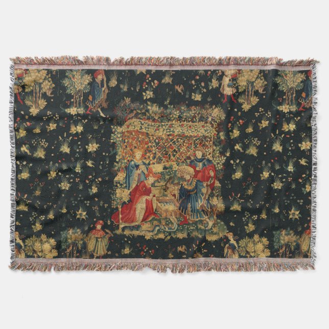 FALCONS BATH Red Blue Antique Medieval Tapestry Throw Blanket (Front)