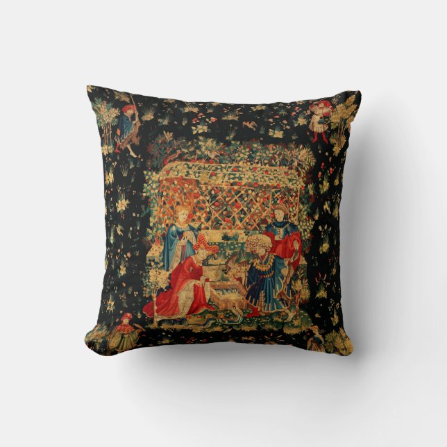 FALCONS BATH Red Blue Antique Medieval Tapestry Throw Pillow (Front)