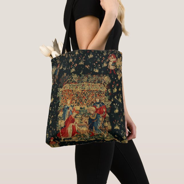 FALCONS BATH Red Blue Antique Medieval Tapestry Tote Bag (Close Up)