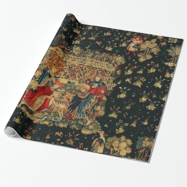 FALCONS BATH Red Blue Antique Medieval Tapestry Wrapping Paper (Unrolled)