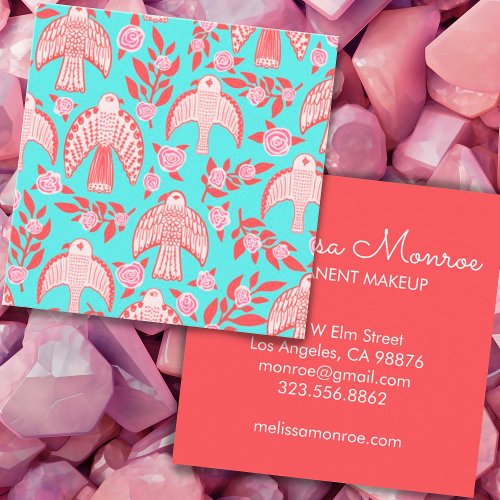 Falcons  Roses Elegant Boho Aqua Pink Square Business Card